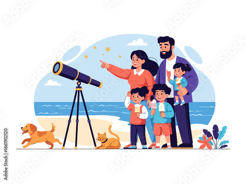 Family Stargazing at the Seaside: A close-knit family gazes up toward the stars with a telescope on a sunny day, surrounded by the serene seaside. A happy dog runs near them.