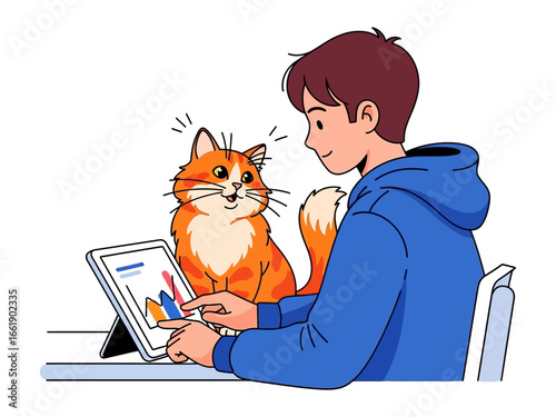Tech-Savvy Duo: A young person and a curious cat collaborate with a tablet, showcasing a blend of human intellect and feline fascination.