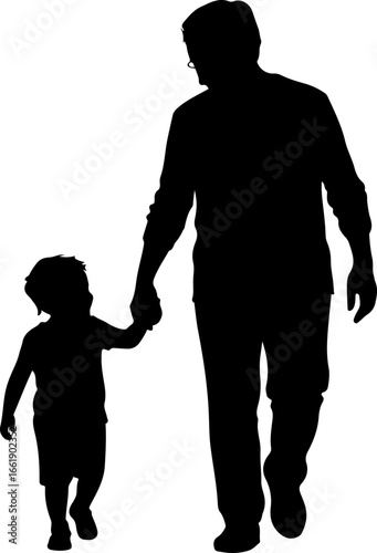 A tender silhouette of a grandparent and grandchild walking hand-in-hand, side by side 