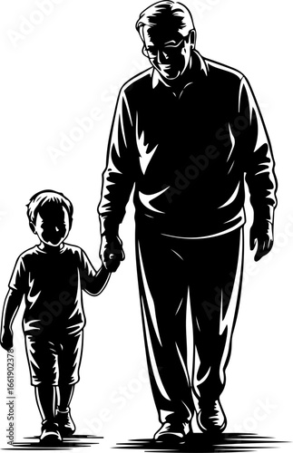 A tender silhouette of a grandparent and grandchild walking hand-in-hand, side by side 