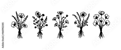 Botanical illustrations of assorted flowers arranged in bouquets on a white background