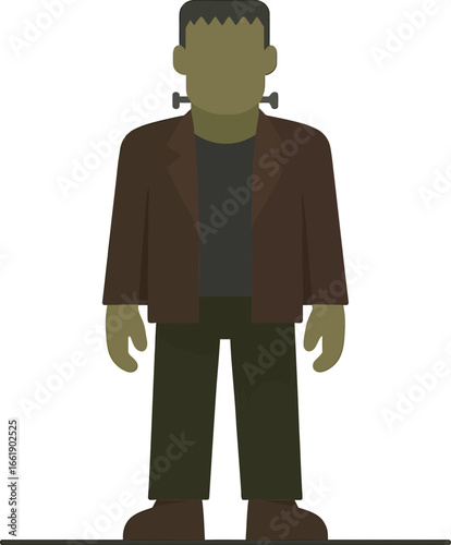 Flat illustration of Frankensteins monster in a brown suit.