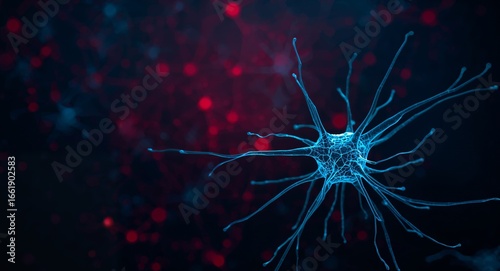 Neuron Illustration with Glowing Blue and Red, Representing Neural Network Concept.