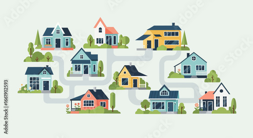 Stylized vector illustration of a suburban neighborhood with colorful houses connected by a winding road.