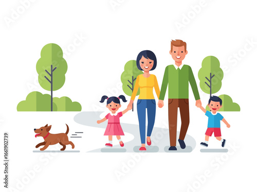 Family stroll in park: A vibrant illustration of a family, parents and two children, taking a leisurely walk through a park. A playful dog bounds alongside.