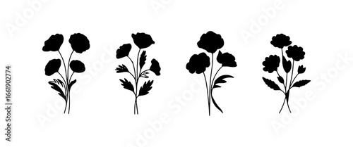 Floral silhouettes showcasing various styles of flower arrangements in black on a white background