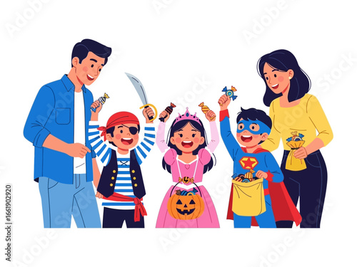 Happy Halloween Family Celebration: A joyful family dressed in vibrant costumes celebrates the spooky season together, brimming with delight and festive fun, embracing the spirit of Halloween.