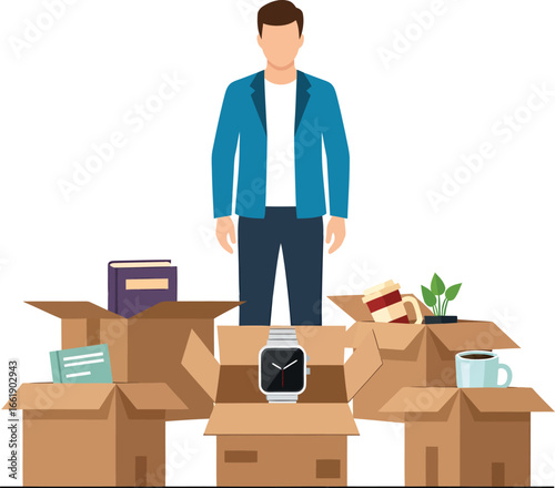Man with Moving Boxes and Personal Items.