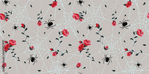 Seamless halloween pattern with spiderwebs, red roses and spiders
