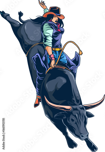 Farbig illustrierte Frau beim Bullenreiten mit Cowboyhut in dynamischer Pose
