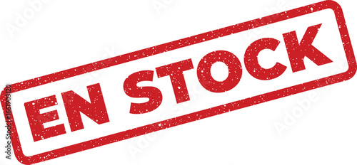 Distressed En Stock rubber stamp with textured red ink, retail availability concept
