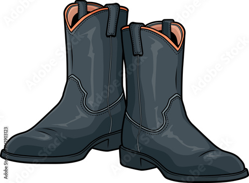 Farbig illustrierte Cowboystiefel in Schwarz mit orangen Details
