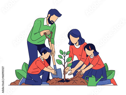 Planting a Seed: A Family's Commitment to a Greener Tomorrow, illustrated with a united family enthusiastically planting a sapling in the earth, nurturing the essence of growth and hope.