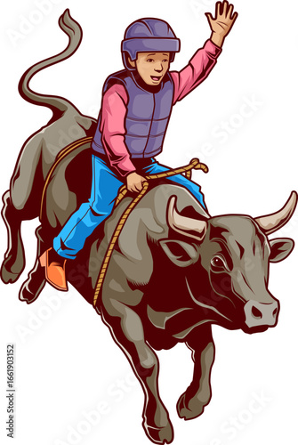 Farbig illustrierter Junge beim Bullenreiten mit Helm und dynamischer Pose

