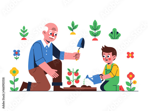 Nurturing Generations: An illustration captures a tender moment as a grandfather guides his grandson in a shared gardening activity. The scene highlights the bond between them as they tend to plants.