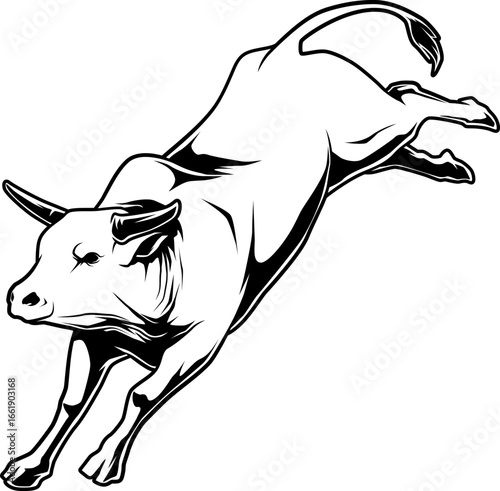 Schwarz-Weiß Illustration eines bockenden Stieres in dynamischer Sprungpose
