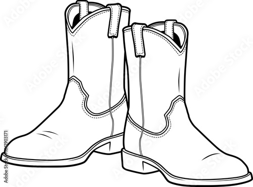 Schwarz-Weiß Illustration von Cowboy Stiefeln in klassischem Westernstil
