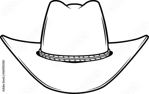 Schwarz-Weiß Illustration eines Cowboyhuts mit breiter Krempe in Vorderansicht
