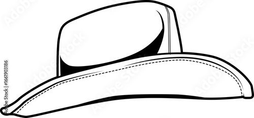 Schwarz-Weiß Illustration eines Cowboyhuts mit breiter Krempe in Seitenansicht
