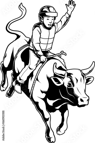 Schwarz-Weiß Illustration eines Jungen beim Bullenreiten mit Helm und Schutzweste
