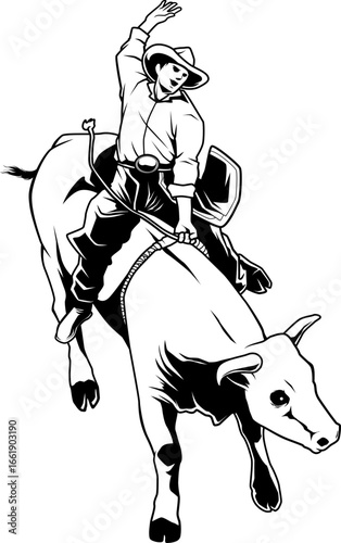 Schwarz-Weiß Illustration eines Cowboys beim Bullenreiten in Action Pose
