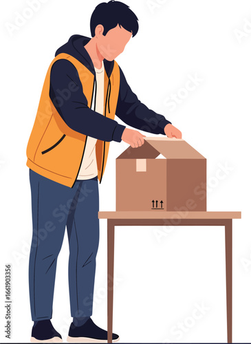 Person in orange vest opening a cardboard box on a table.