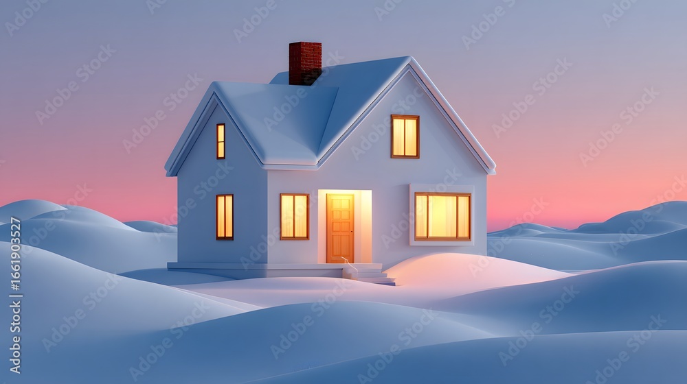 Naklejka premium Charming Cottage Surrounded by Snowy Hills at Sunset with Warm Light Illuminating Windows