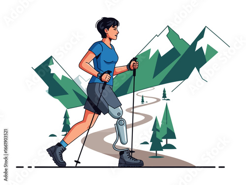Defying Limits: A woman with a prosthetic leg hikes confidently amidst towering mountains and lush green trees, showcasing resilience and the power of perseverance. 