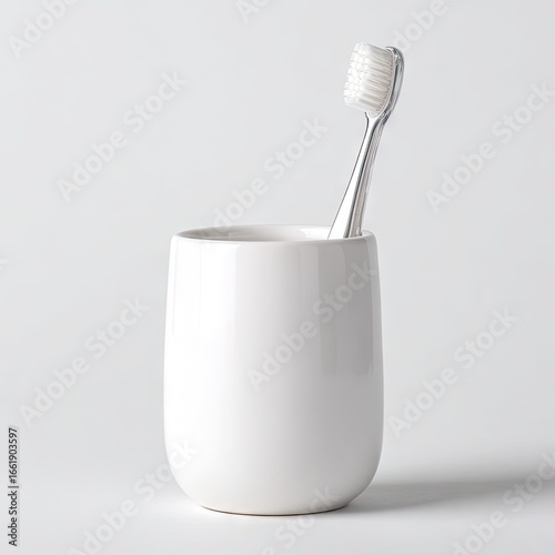 A single toothbrush stands upright in a simple, cylindrical, white ceramic holder against a plain white background