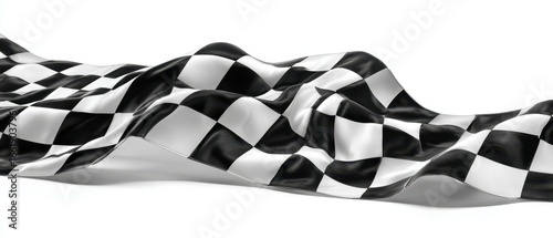 The checkered racing flag waves dramatically in celebration of victory.