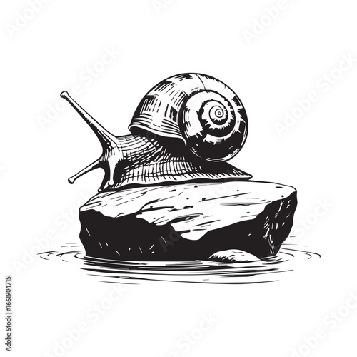 Vector art of detailed ink drawing of a snail with a large shell perched on a rock in the water, isolated on white background