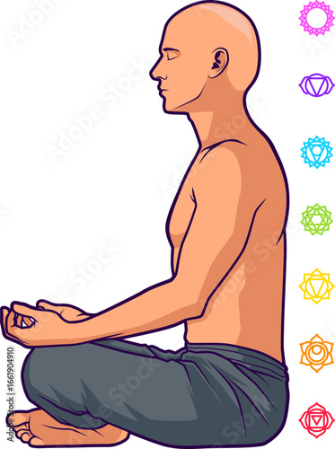 Meditierende männliche Figur im Lotussitz mit sieben Chakra Symbolen entlang der Wirbelsäule
