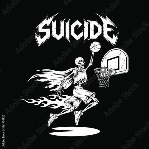 Skeleton Basketball Player Slam Dunk Black and White Illustration