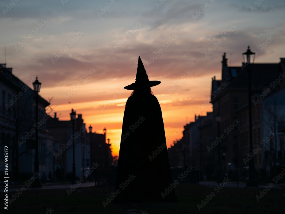 Fototapeta premium Silhouette of a Witch in a Cityscape During Sunset, Mysterious and Eerie Scene