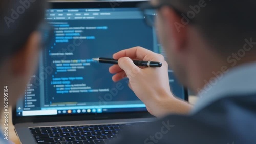 Software Developers Collaborating, Discussing Code on Laptop.