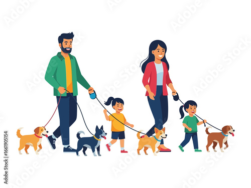 Family Dog Walk: A cartoon representation of a family enjoying a dog walk in the park, showcasing a happy family lifestyle with their pets.
