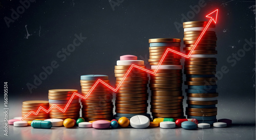 Rising Pharmaceutical Costs: Stacks of Money and Pills with an Upward Trend Arrow Symbolizing Growth, Investment, and Expense in the Healthcare Industry.