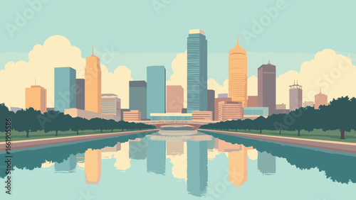 Irving, Texas – Urban center skyline with canal reflections and modern towers, palette: glass gray, canal teal, concrete, amber