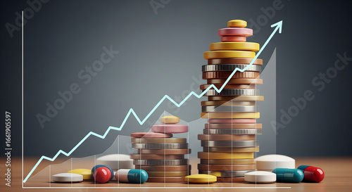 Healthcare Cost Surge: Stacked Medicine Pills with an Upward Trend Graph Symbolizing Rising Pharmaceutical Prices and Market Growth.