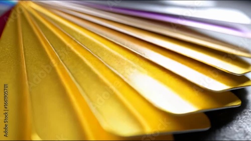 Fan of colorful metallic samples with rounded edges on black surface