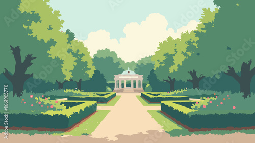 Winston-Salem, North Carolina – Reynolda gardens and formal boxwood parterres in soft light, palette: boxwood green, cream, path taupe, rose