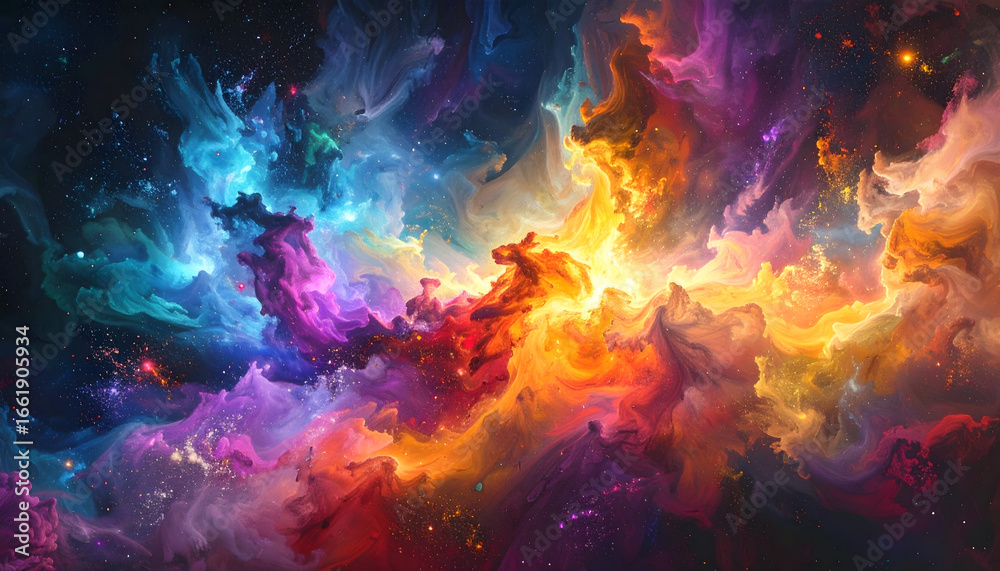 Obraz premium Vibrant particle cloud forming abstract emotional visualization, dynamic colorful energy flow concept.