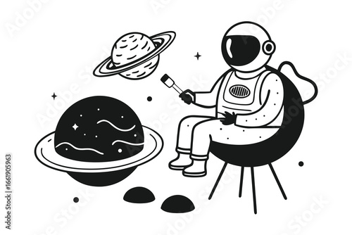 Astronaut on Chair with Telescope Observing Planets, Black and White Line Art Illustration