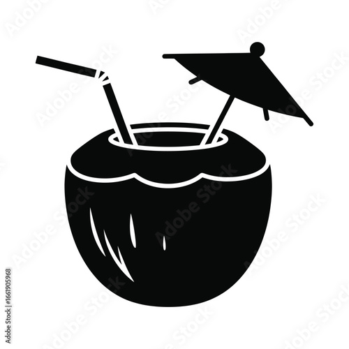 Black silhouette of a tropical coconut drink with umbrella and straw
