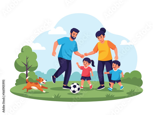 Family Time: A joyous scene unfolds as a family plays soccer in a park. Capture the happiness, connection, and playful interaction of a loving family during their outdoor activity.