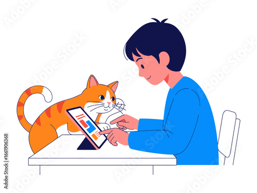 Boy and Cat Working Together: A young boy with an attentive cat, deeply immersed in a collaborative activity, working together, highlighting connection and understanding.