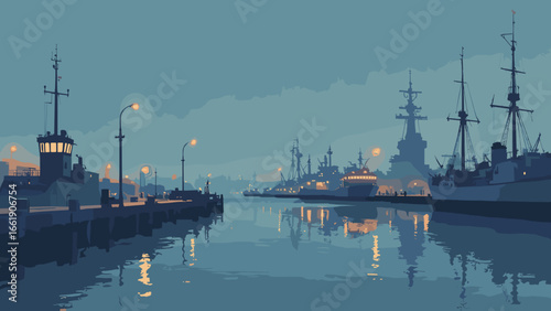 Norfolk, Virginia – Nautical piers and naval yard silhouettes with harbor light, palette: navy, ship gray, dock brown, lamp gold
