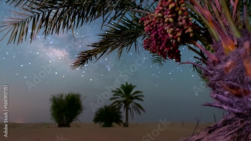 Stunning 4k timelapse of the night sky Milky Way galaxy motion passing the dates palm tree in the oasis desert sand dune. Clear night sky, stars scape in a remote wilderness location