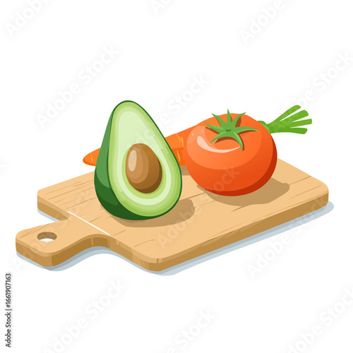 A wooden cutting board with an avocado, carrot, and tomato.