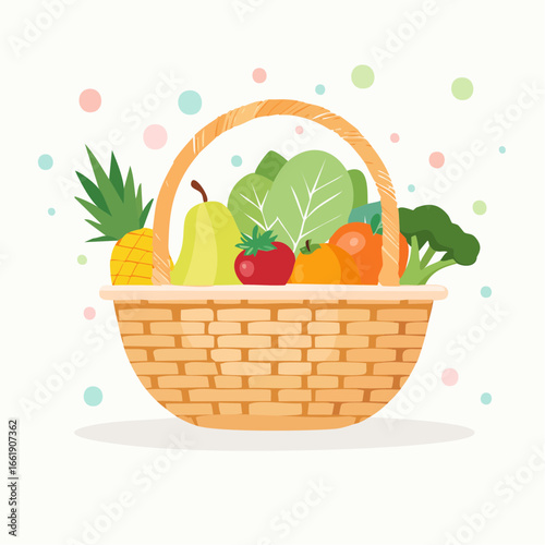 A wicker basket filled with a variety of fresh fruits and vegetables, including pineapple, pear, tomato, and broccoli.